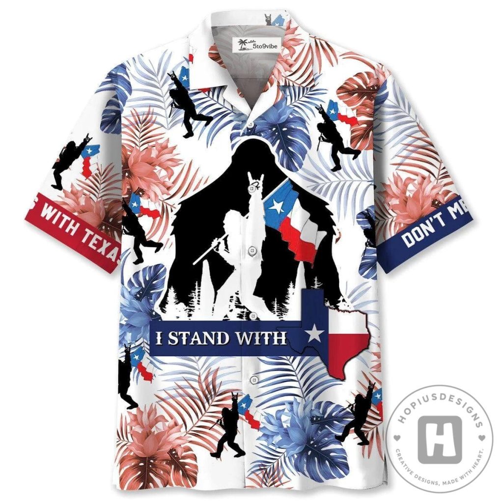 I Stand With Texas Bigfoot Sasquatch Palm Leaves Hawaiian Shirt