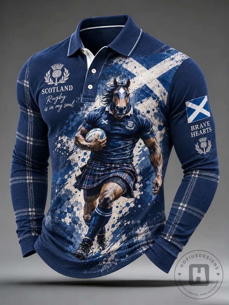 Scotland Rugby Bravehearts Horse Mascot Long Sleeve Polo Shirt