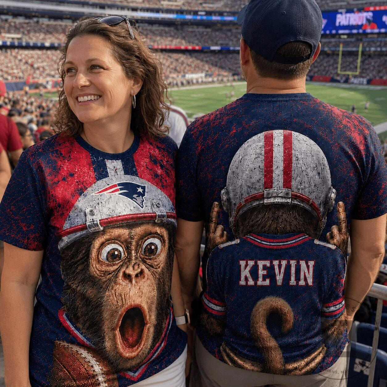 New England Patriots Fan Shirt with Monkey Football Helmet Design, Custom Name T-Shirt