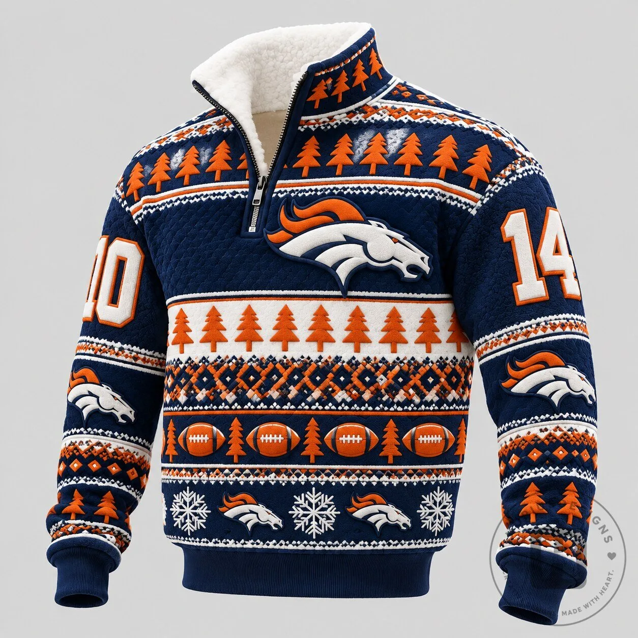Denver Broncos Ugly Christmas Sweater Sherpa Fleece Lined Quarter Zip Pullover