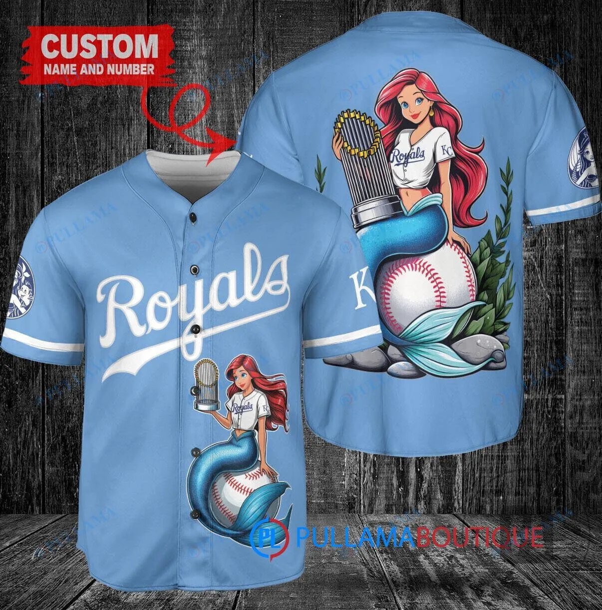 Kansas City Royals Baseball Jersey with Ariel Mermaid World Series Trophy Design