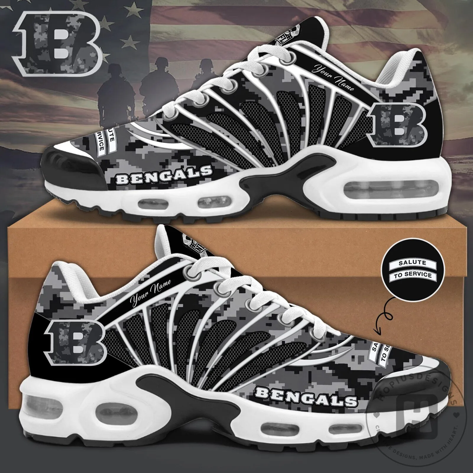 Cincinnati Bengals Salute To Service Custom Name Digital Camouflage Sneakers