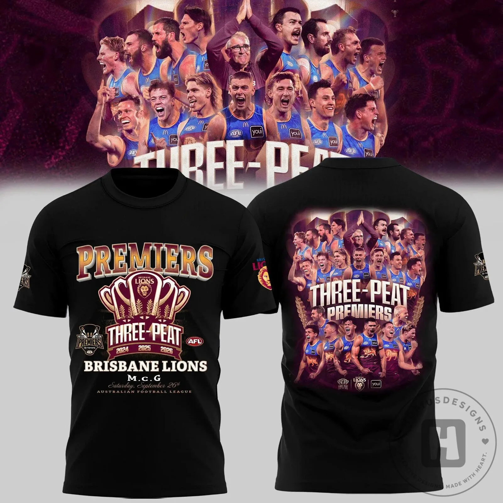 Brisbane Lions AFL Three-Peat Premiers 2024 2025 2026 Black T-Shirt