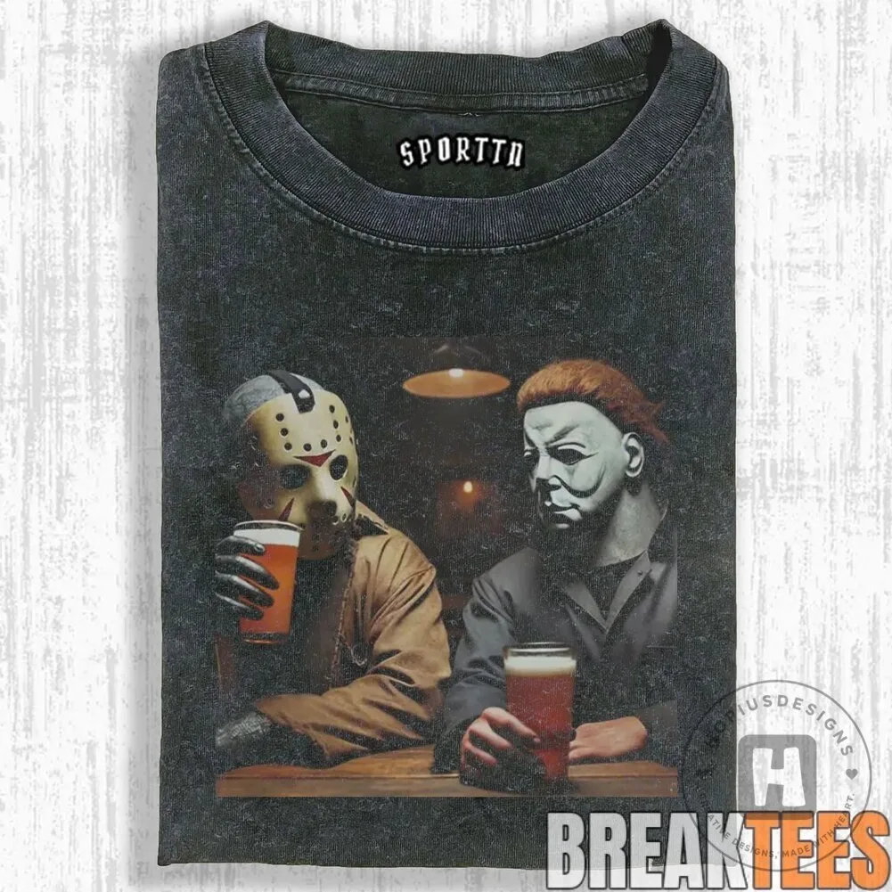 Horror Icons Michael Myers and Jason Voorhees Drinking Beer T-Shirt