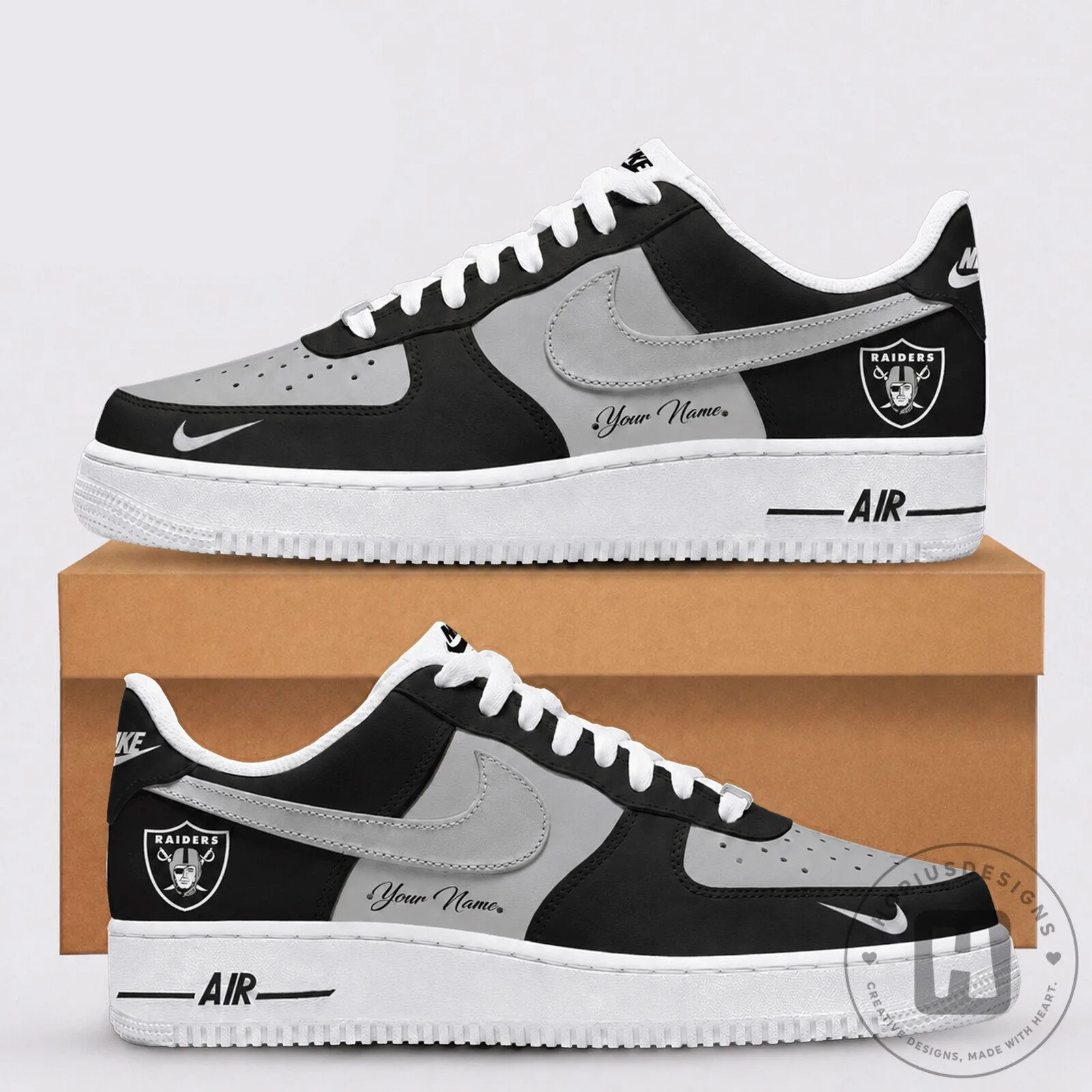 Las Vegas Raiders Custom Name Black and Gray Air Force 1 Shoes