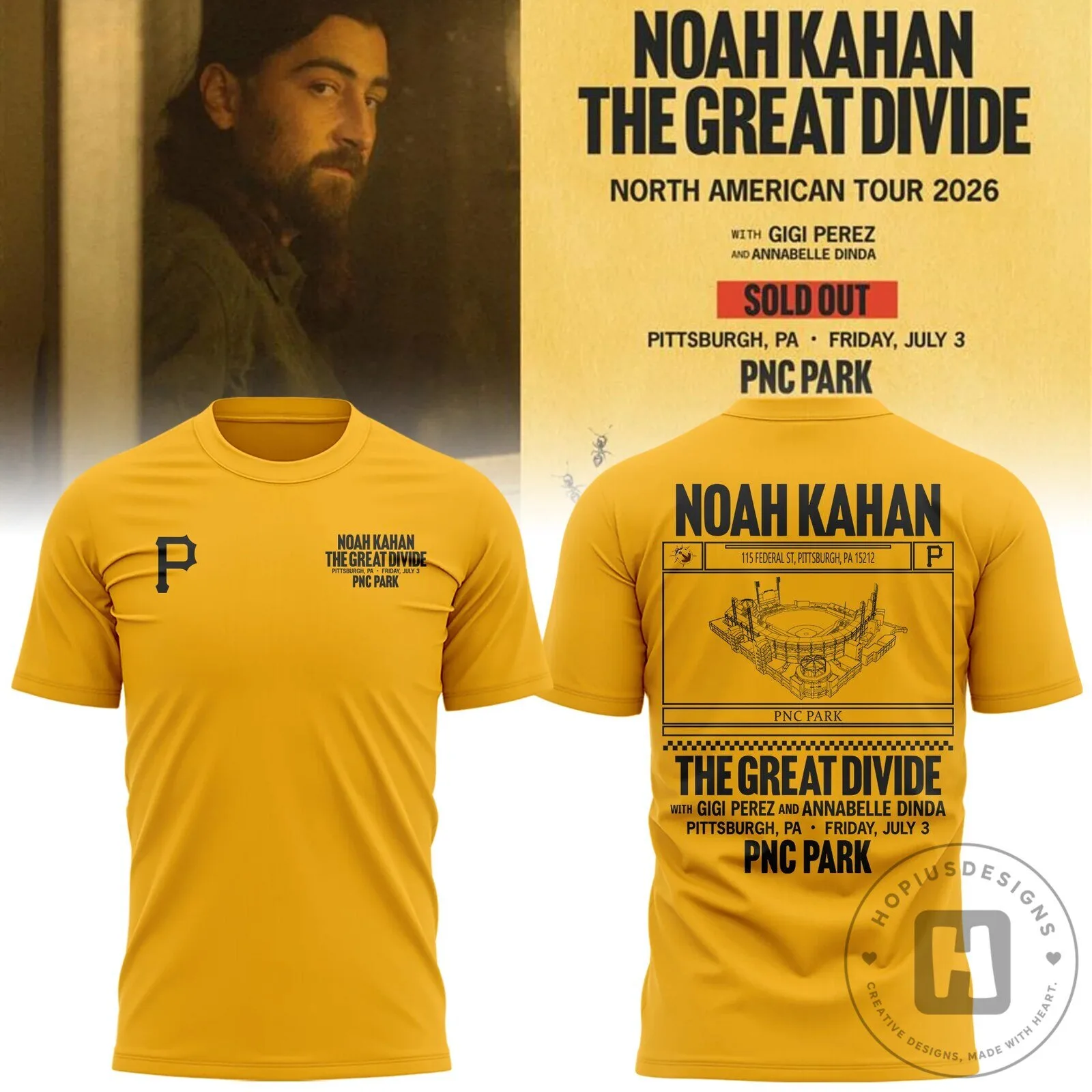 Noah Kahan The Great Divide Tour Pittsburgh PNC Park Yellow T-Shirt