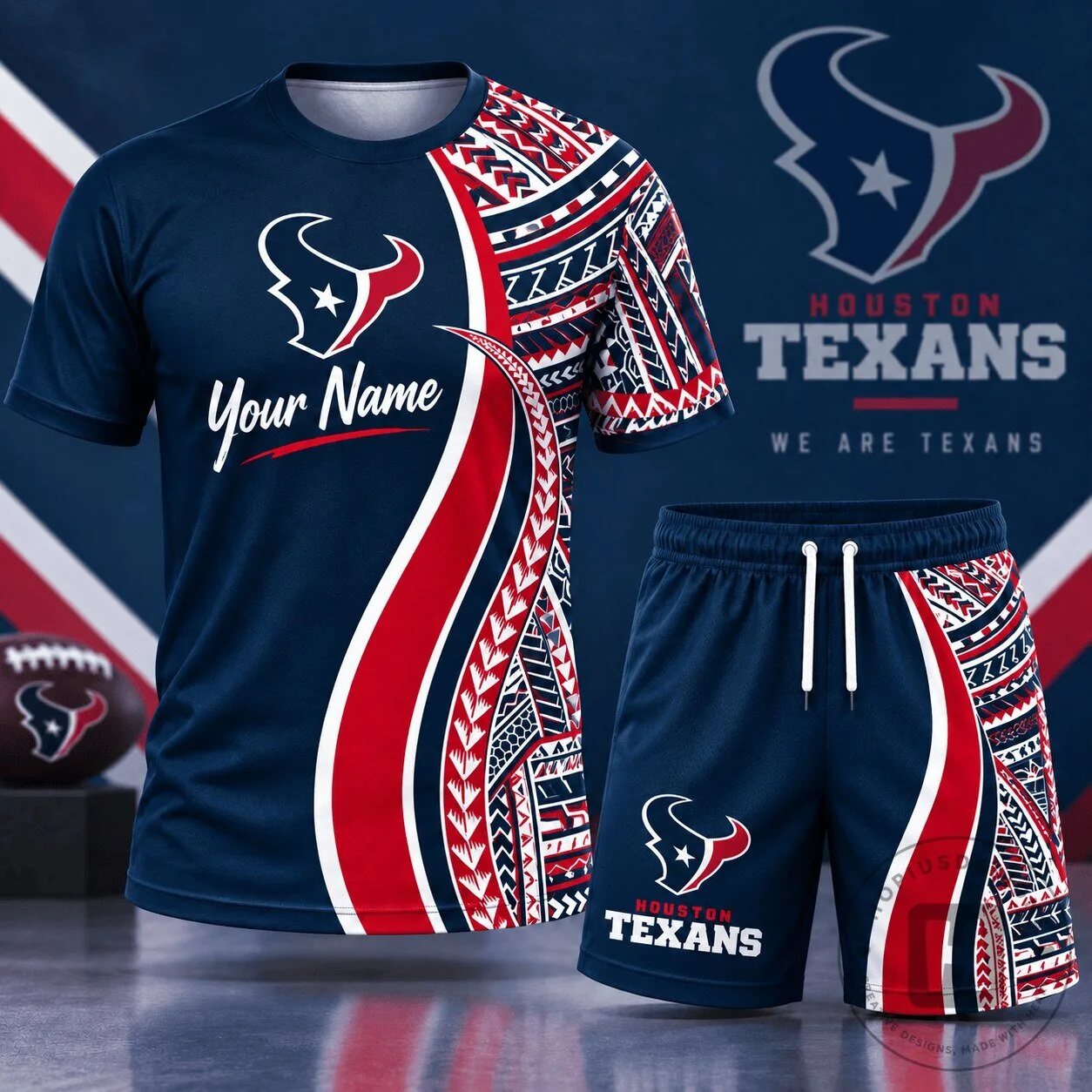 Houston Texans NFL Football Custom Name Tribal Graphic T-Shirt and Shorts Set