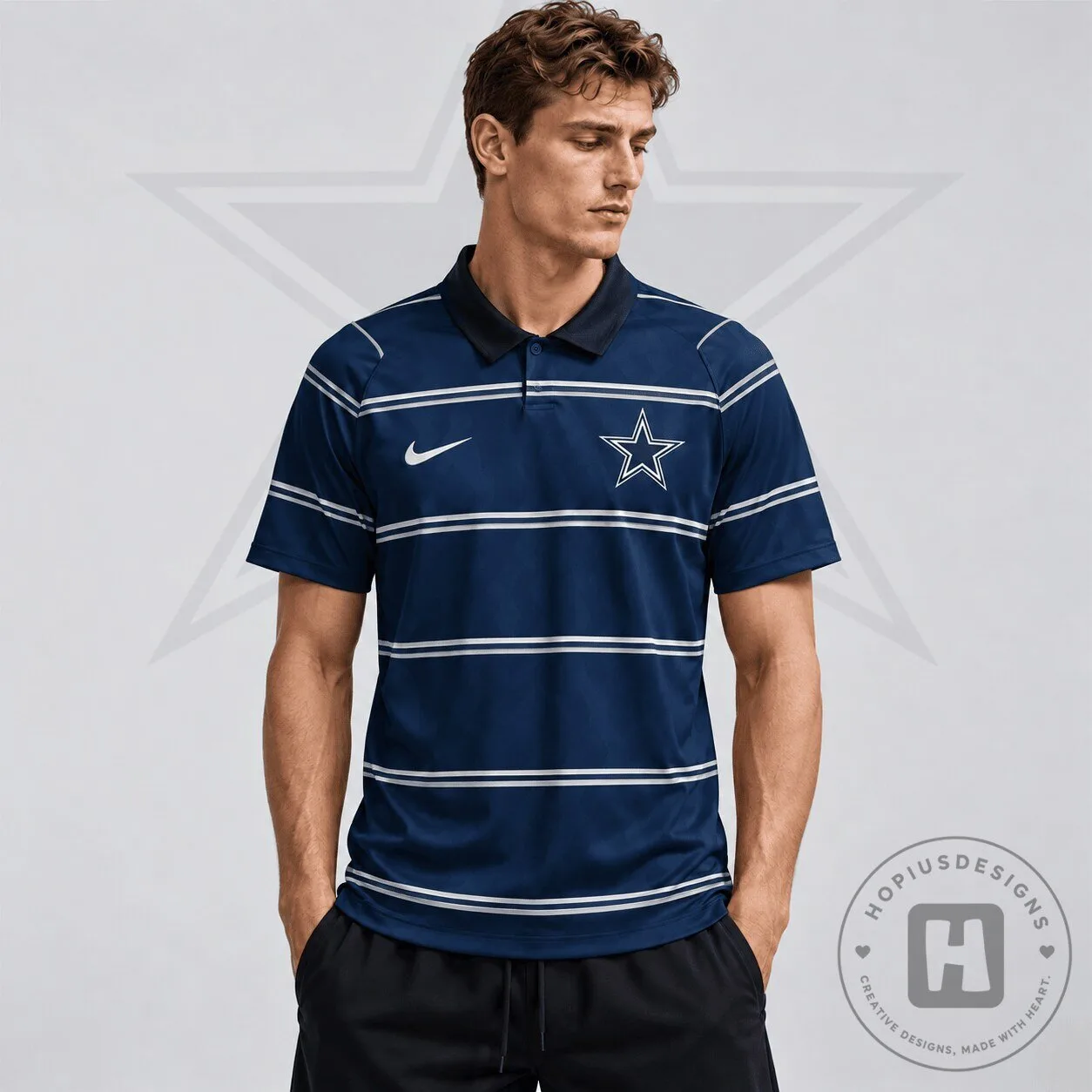 Dallas Cowboys Navy Blue Striped Polo Shirt with Team Crest Logo