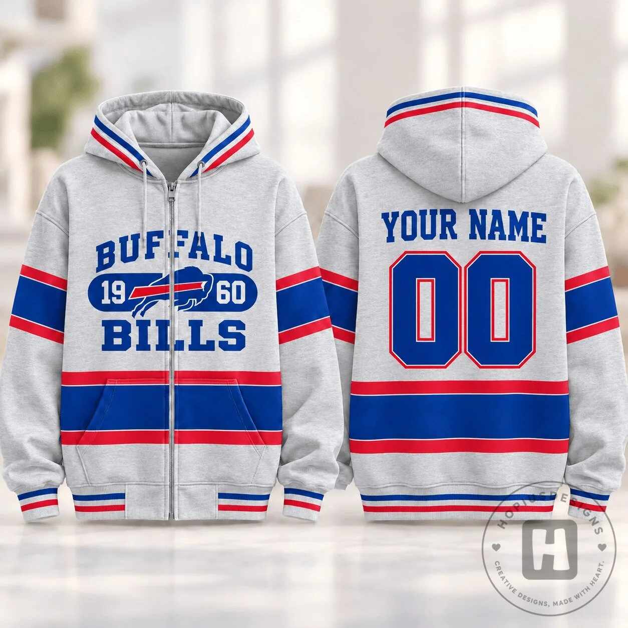 Buffalo Bills Varsity Stripe Full-Zip Hoodie with Custom Name and Number