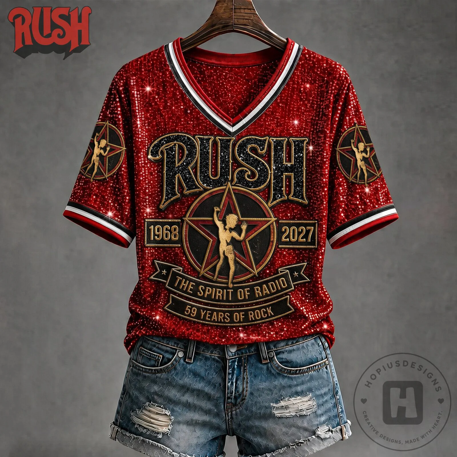 Rush Band The Spirit Of Radio 59 Years Of Rock Red Sequin T-Shirt