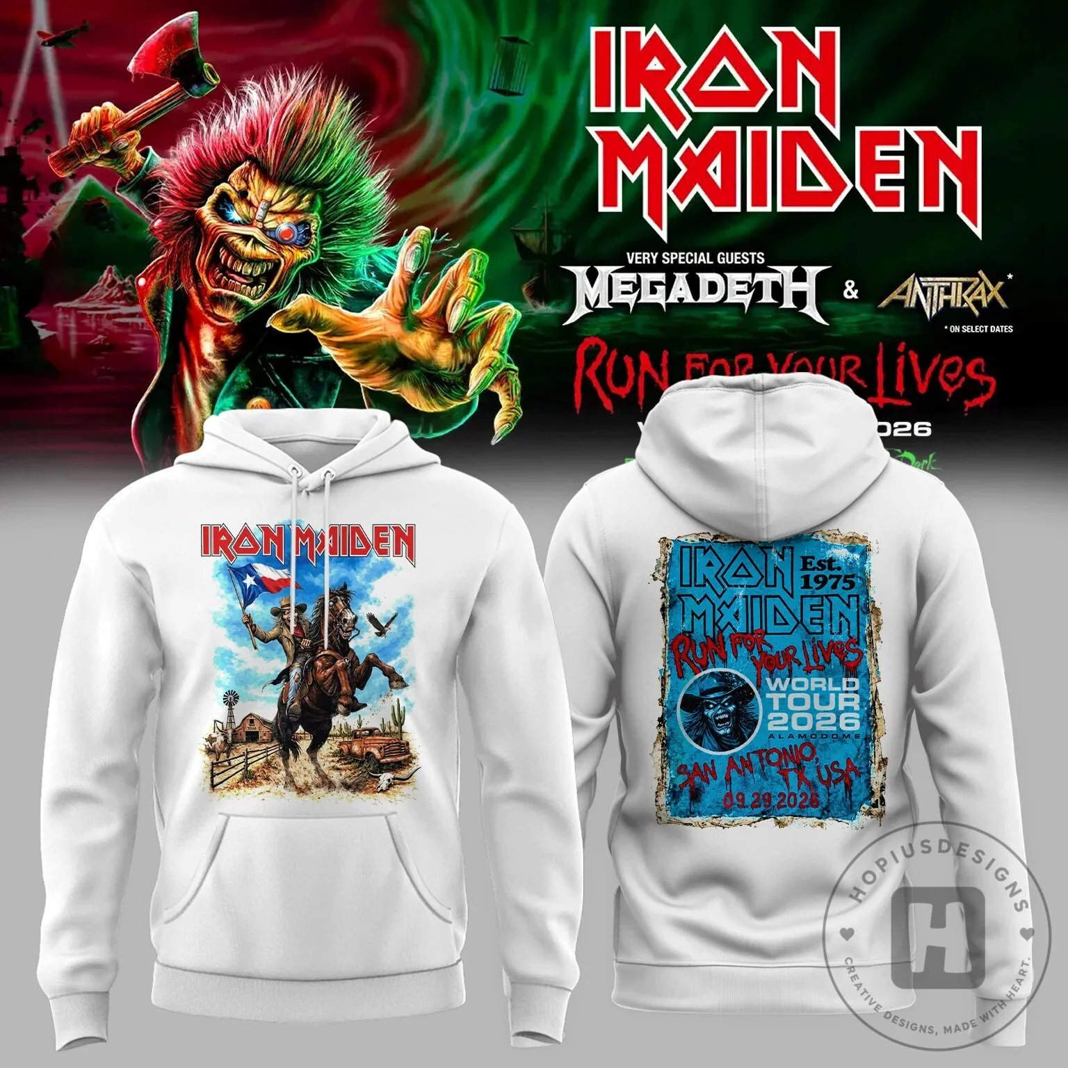 2026 Concert Hoodie for Iron Maiden's Run For Your Lives Tour in San Antonio, Texas