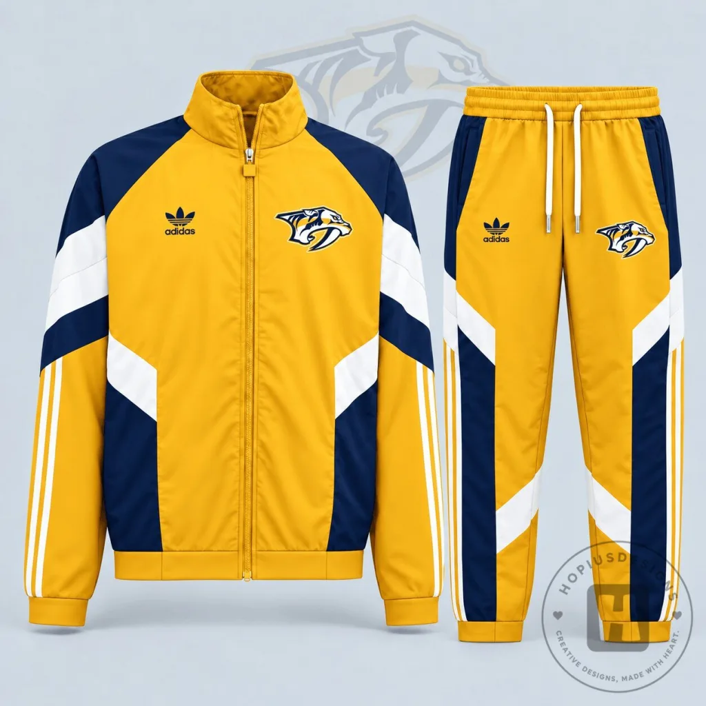 Nashville Predators Adidas Retro Panel Stripe Track Jacket and Jogger Pants Set Nashville Predators Adidas Retro Panel Stripe Track Jacket and Jogger Pants Set