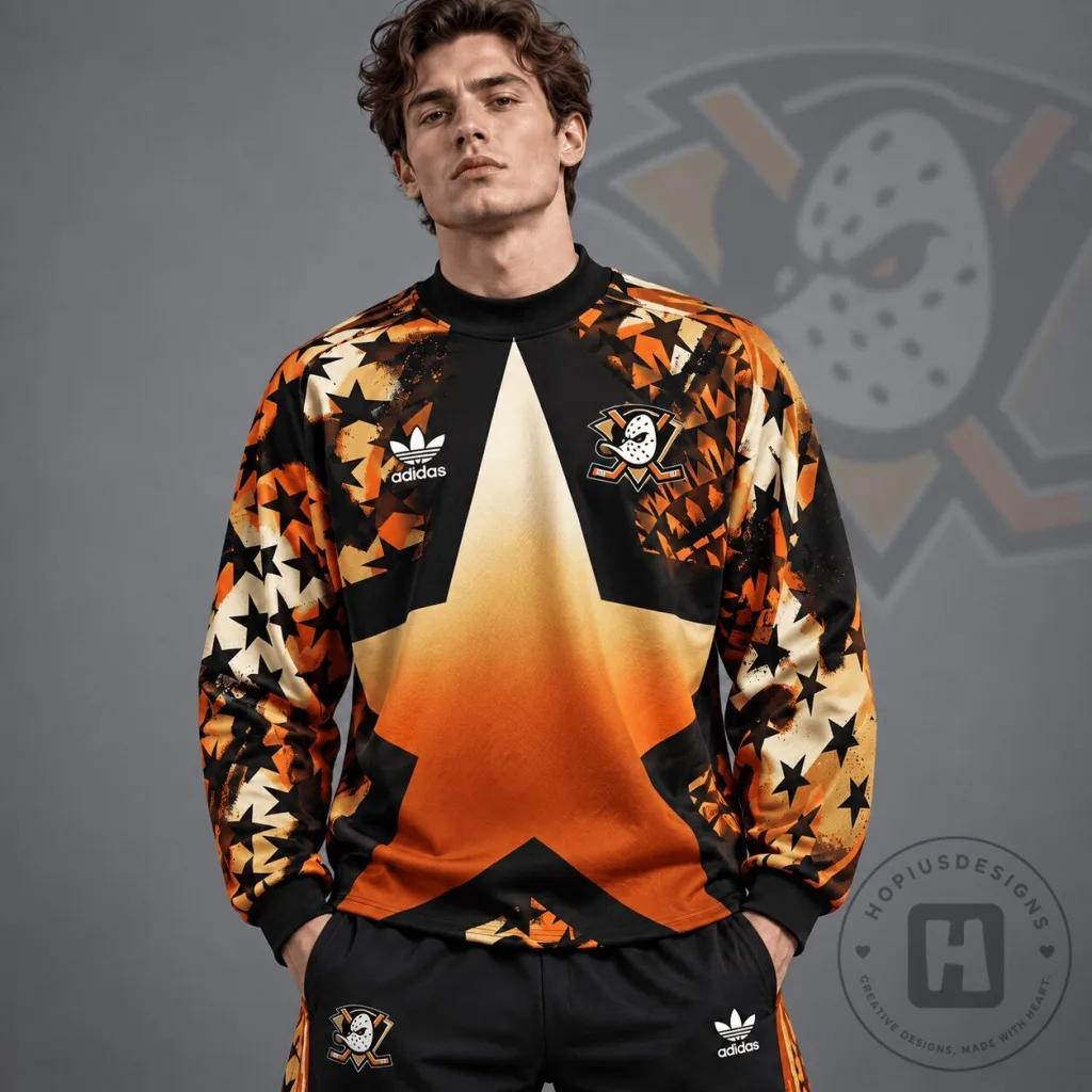 Anaheim Ducks National Hockey League Retro Starburst All Over Print Sweatshirt Anaheim Ducks National Hockey League Retro Starburst All Over Print Sweatshirt