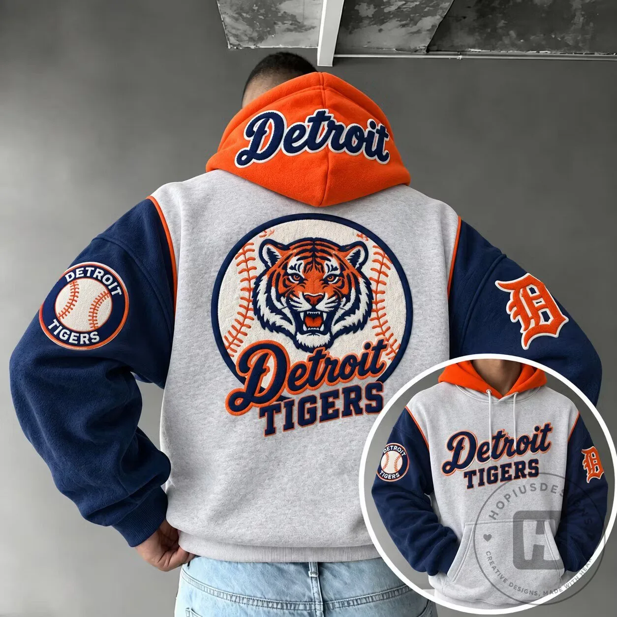 Detroit Tigers Baseball Team Logo Embroidered Gray Hoodie