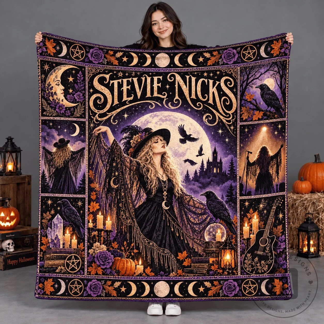 Stevie Nicks Witchy Moon and Birds Fleece Blanket