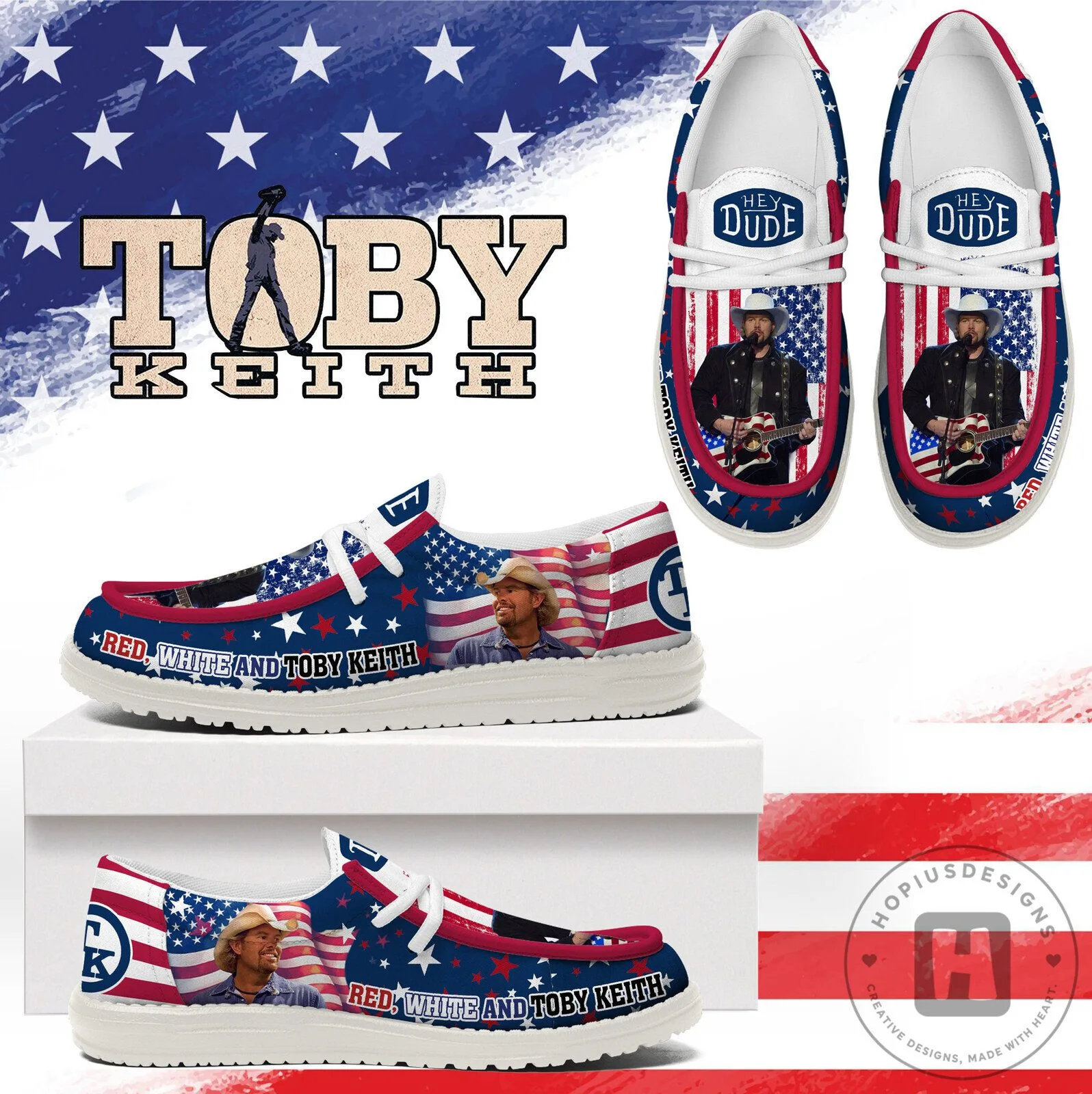 Toby Keith Red White And Blue American Flag Hey Dude Style Shoes