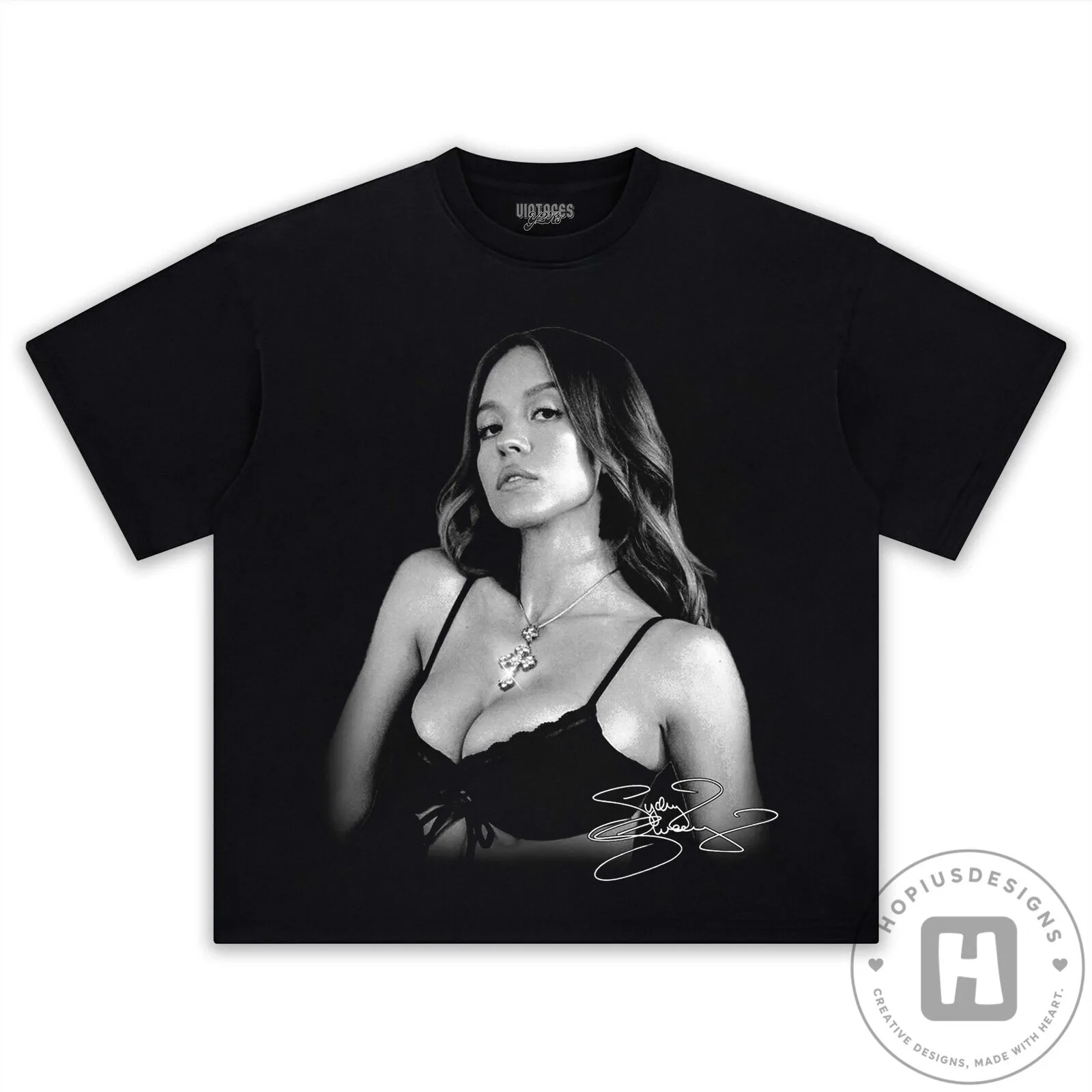 Sydney Sweeney Black and White Portrait Signature T-Shirt
