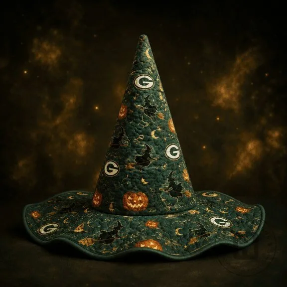 Green Bay Packers Halloween Quilted Witch Hat with Pumpkins and Witches