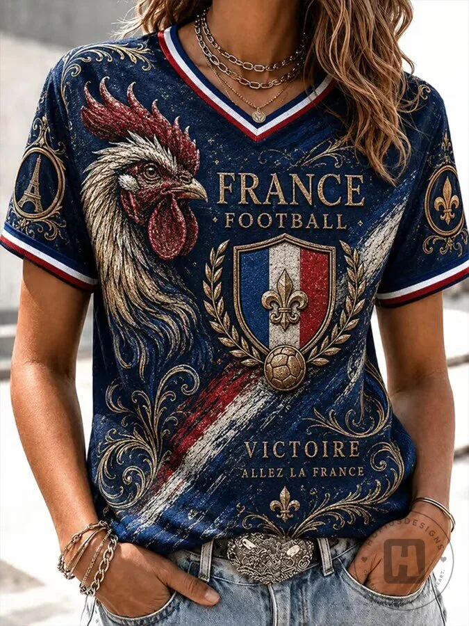 France Football Victorie Allez La France Rooster V-Neck T-Shirt