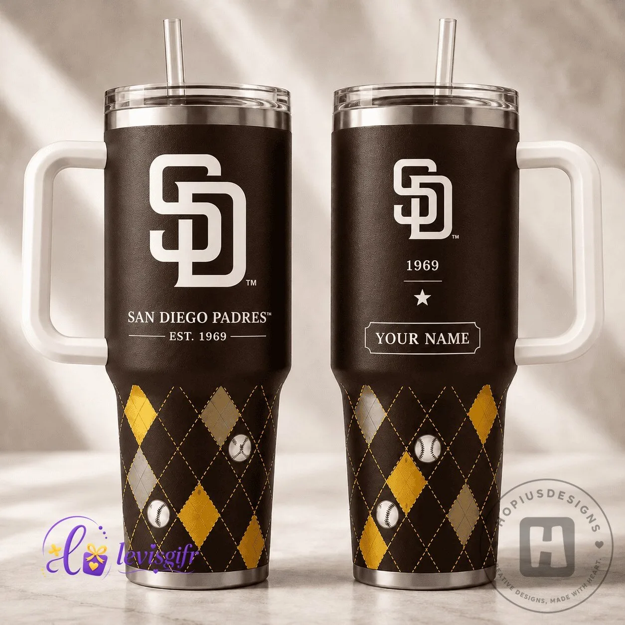 San Diego Padres Personalized Baseball Team Logo Black Argyle Pattern Tumbler