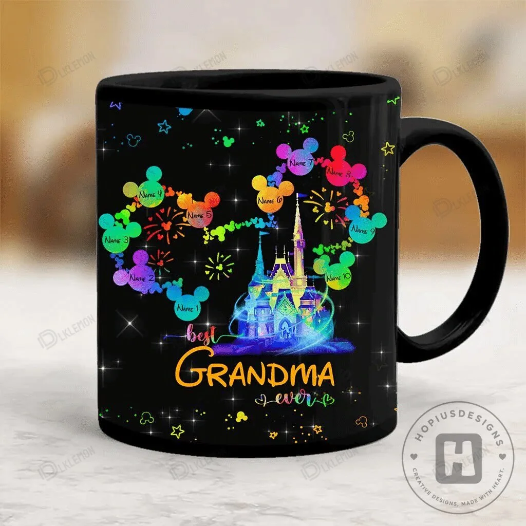 Personalized Disney Castle Best Grandma Ever Black Coffee Mug with Grandchildren Names