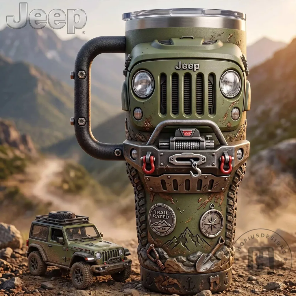 Jeep Wrangler Off-Road Vehicle Design Stainless Steel Tumbler with Handle Jeep Wrangler Off-Road Vehicle Design Stainless Steel Tumbler with Handle