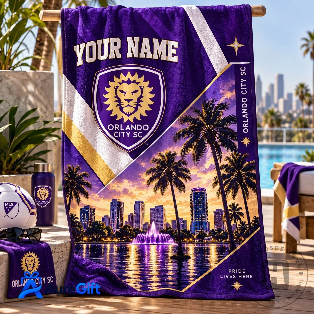 Orlando City SC MLS Personalized Beach Towel with Fountain and Skyline