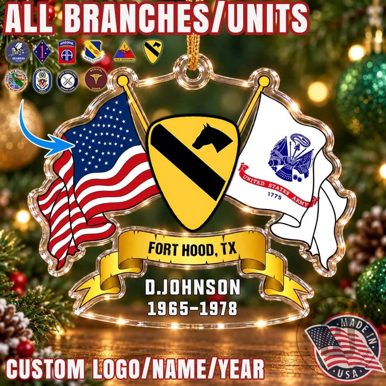 United States Army Fort Hood Veteran Dual Flag Christmas Ornament