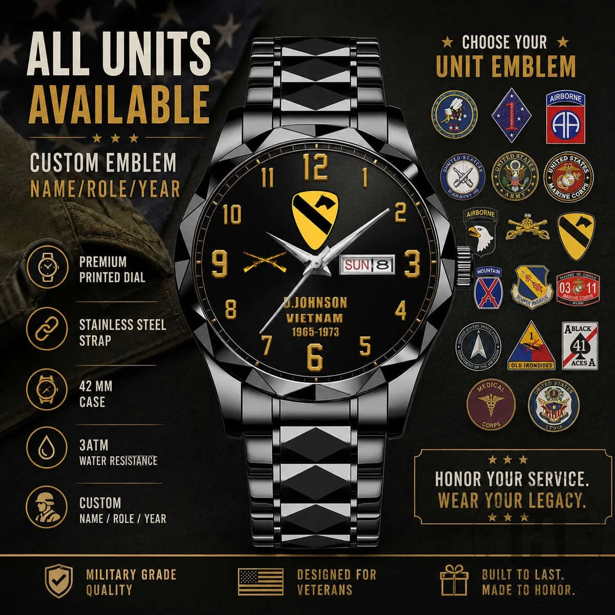 United States Army Vietnam Veteran Custom Name Black Stainless Steel Watch