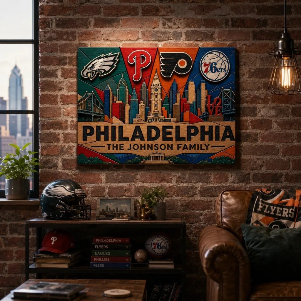 Personalized Philadelphia Sports Teams Skyline Family Name Wall Art Personalized Philadelphia Sports Teams Skyline Family Name Wall Art