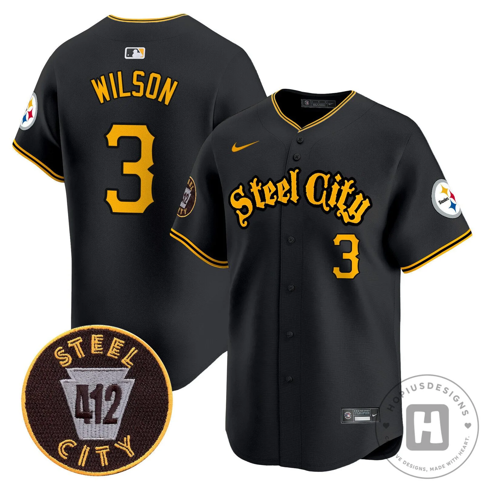 Pittsburgh Steelers Steel City 412 Patch Black Baseball Jersey