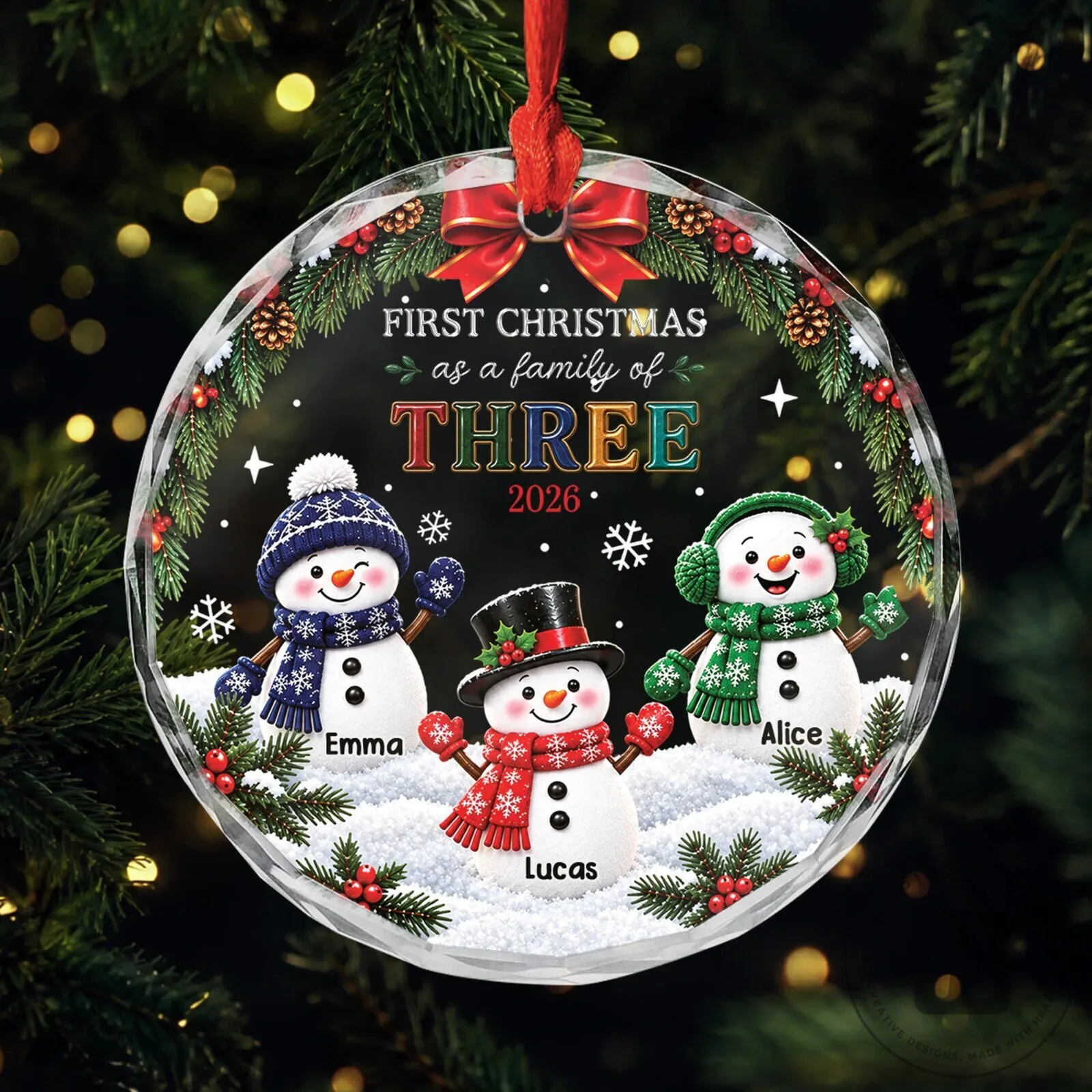 First Christmas As A Family Of Three Snowman Glass Ornament