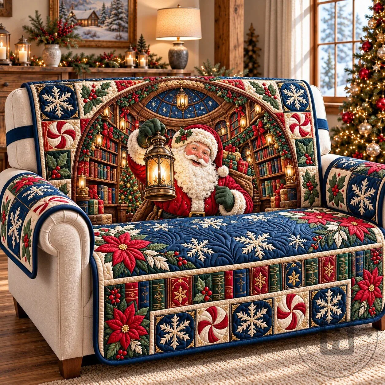 Christmas Santa Claus Quilted Sofa Cover with Starry Library Design