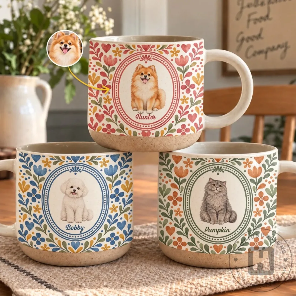 Personalized Pet Portrait Floral Pattern Coffee Mug Custom Dog Cat Animal Lover Gift Personalized Pet Portrait Floral Pattern Coffee Mug Custom Dog Cat Animal Lover Gift
