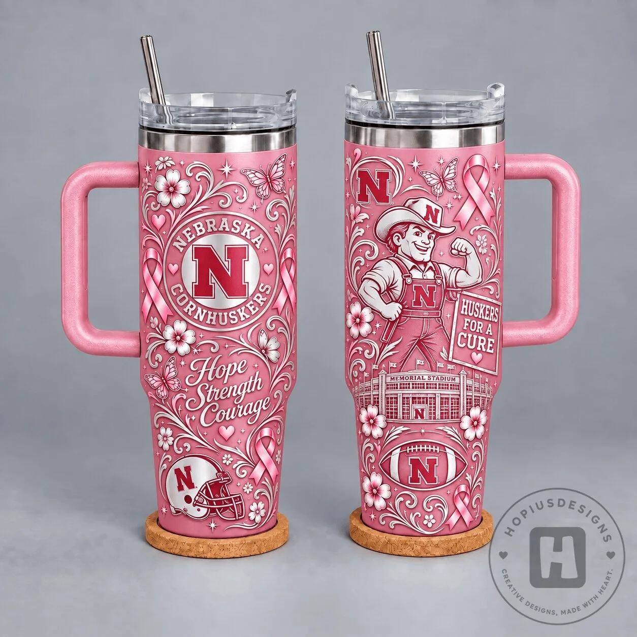 Nebraska Cornhuskers Breast Cancer Awareness Pink Floral Hope Strength Courage Tumbler