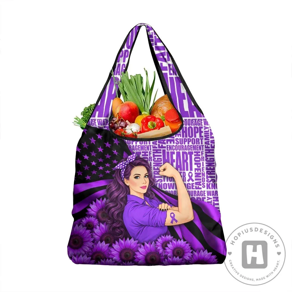 Strong Woman Purple Ribbon Sunflower Flag Tote Bag for Domestic Violence Awareness