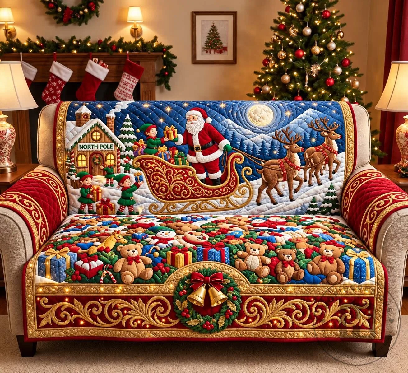 Christmas Santa Claus Sleigh Reindeer North Pole Holiday Sofa Cover