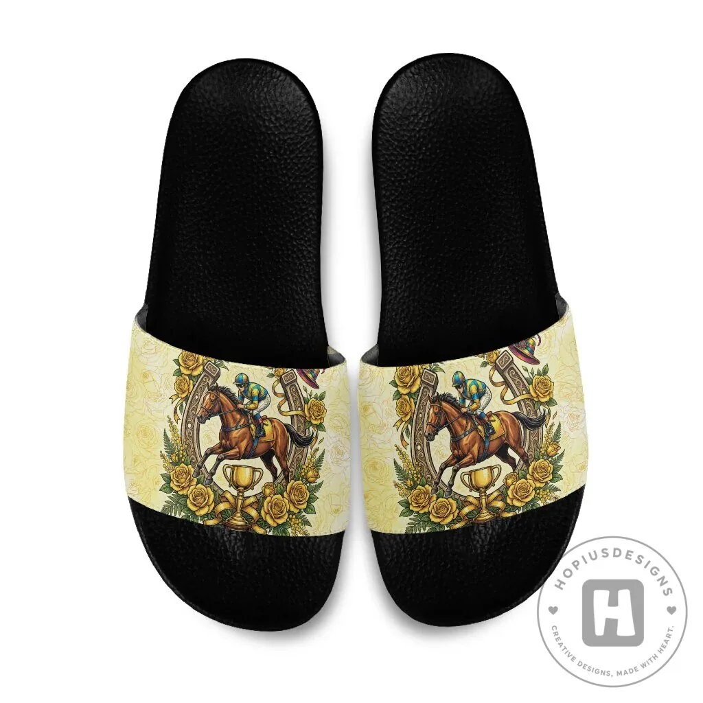 Melbourne Horse Race Yellow Rose Floral Horseshoe Slide Sandals