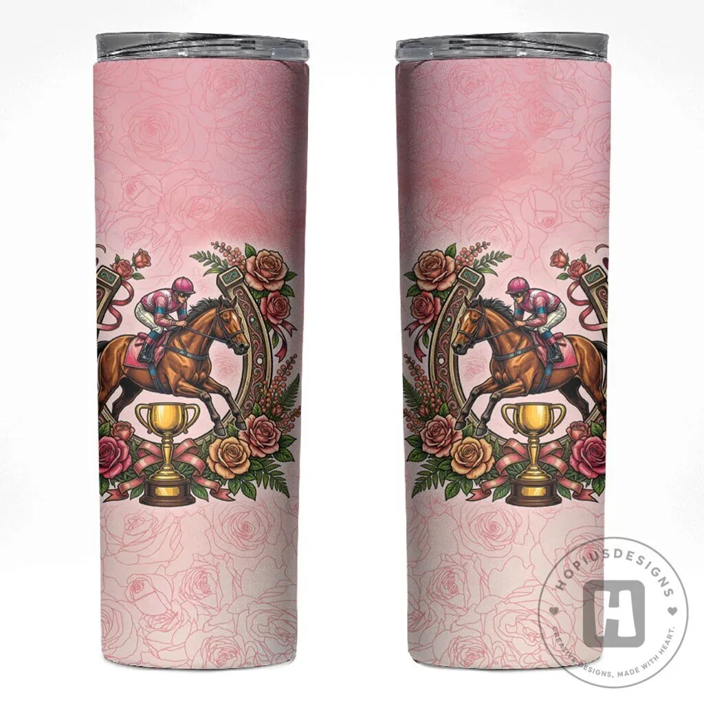 Melbourne Horse Racing Pink Rose Floral Horseshoe Skinny Tumbler 4 Melbourne Horse Racing Pink Rose Floral Horseshoe Skinny Tumbler