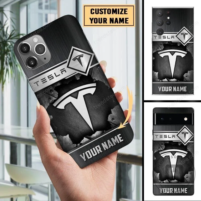 Tesla Custom Name Black Brushed Metal Logo Phone Case