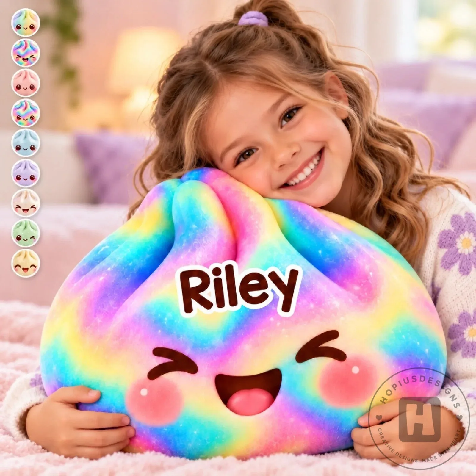 Personalized Rainbow Dumpling Plush Pillow for Kids - Custom Happy Face Soft Toy