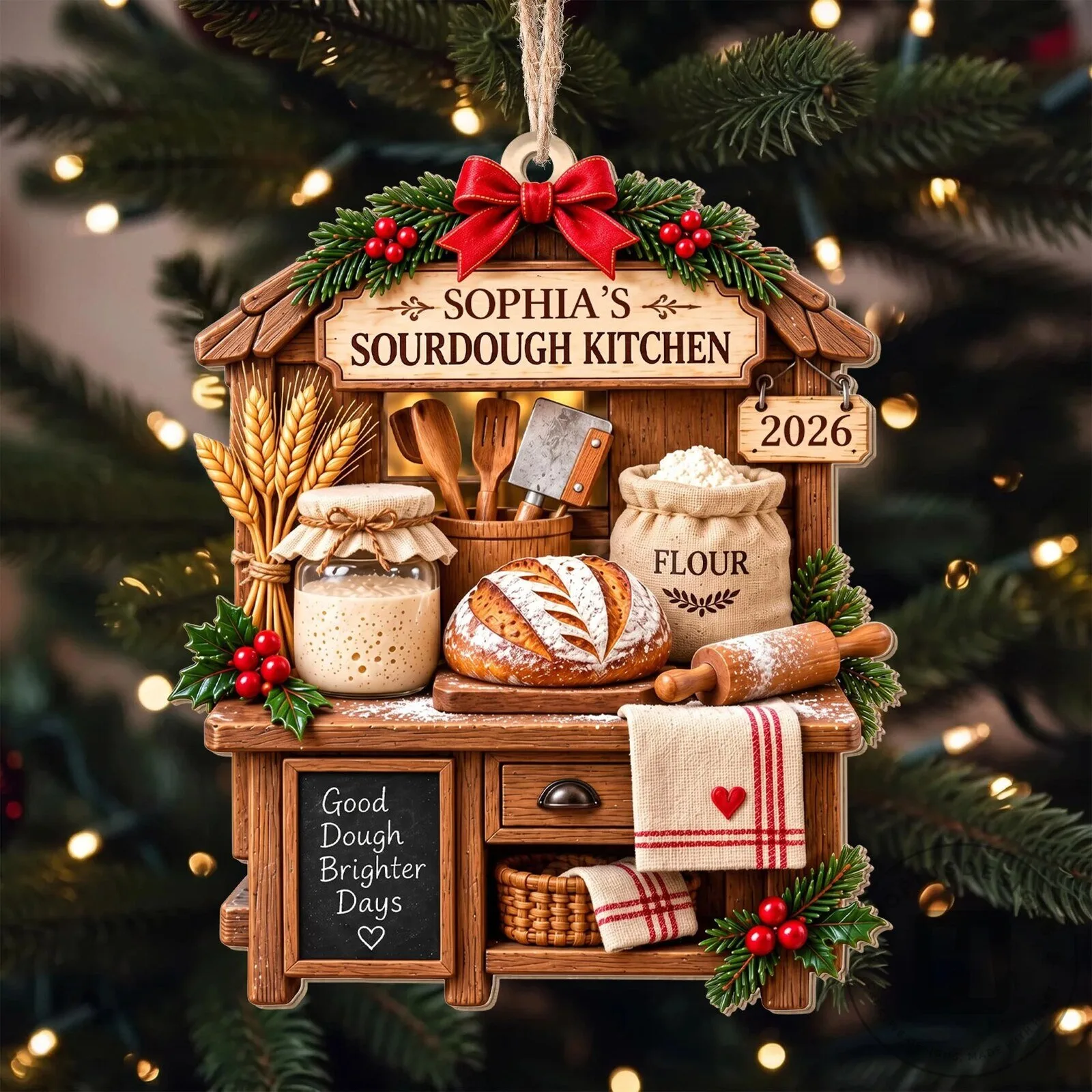 Personalized Sourdough Kitchen Christmas Ornament, Custom Baker Gift, Bread Making Decor