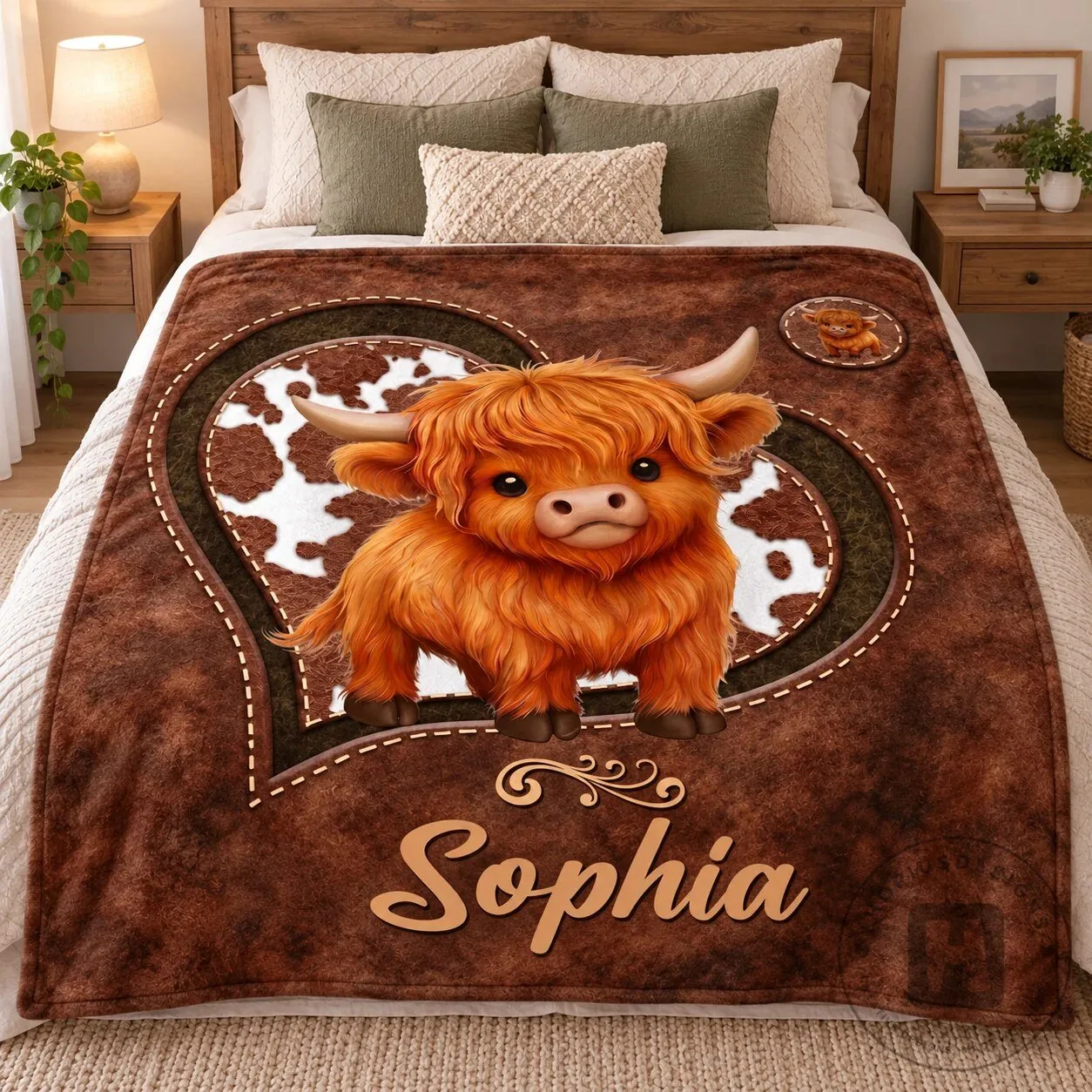 Personalized Highland Cow Baby Blanket with Custom Name and Heart Print