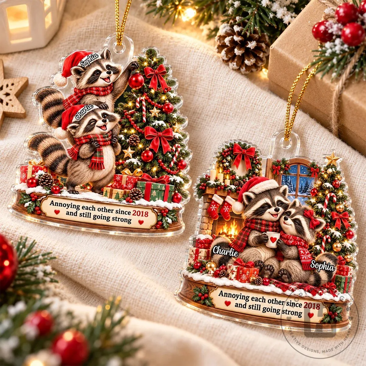 Personalized Raccoon Couple Annoying Each Other Christmas Tree Ornament