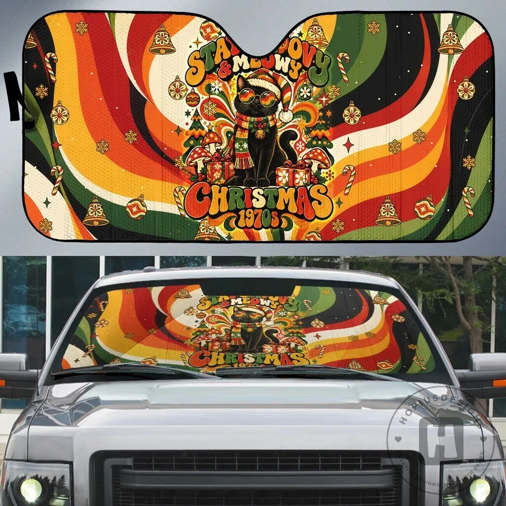 Groovy Christmas Black Cat Vintage 1970s Holiday Auto Car Sunshade