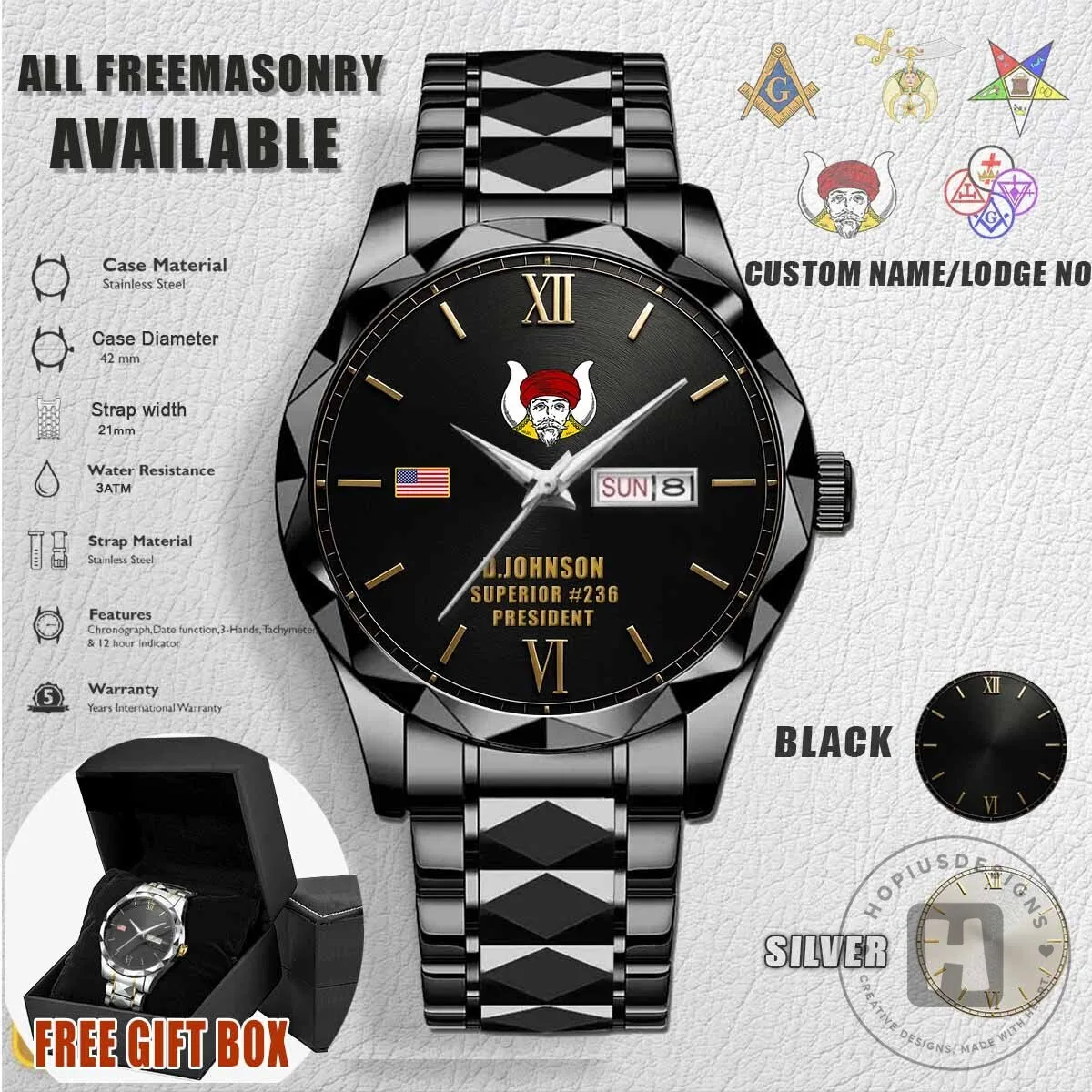 Freemasonry Masonic Symbol Black Stainless Steel Men's Wrist Watch
