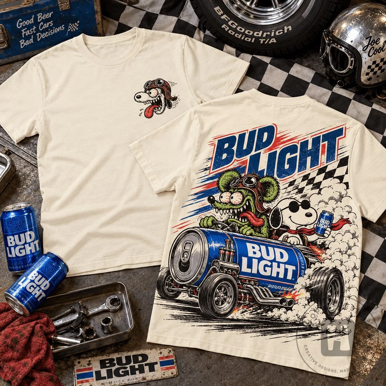Bud Light Rat Fink and Snoopy Hot Rod Racing Graphic T-Shirt for Men 5 Bud Light Rat Fink and Snoopy Hot Rod Racing Graphic T-Shirt for Men