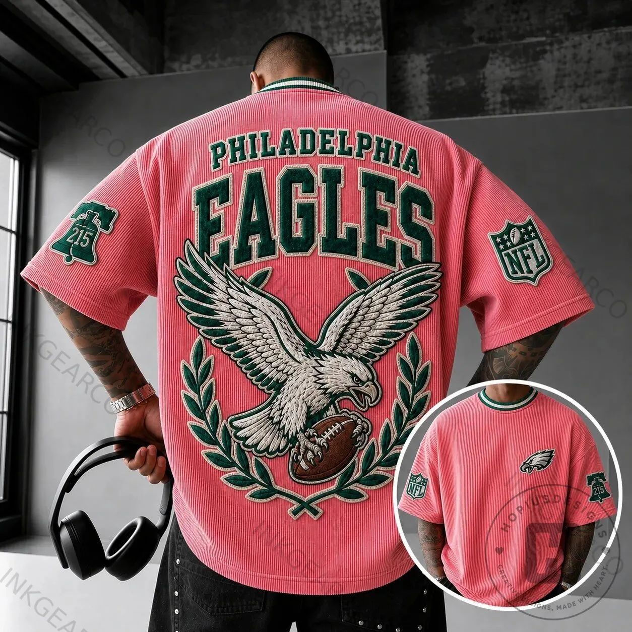 Philadelphia Eagles Football Team Logo Pink Vertical Stripe Short-Sleeve T-Shirt
