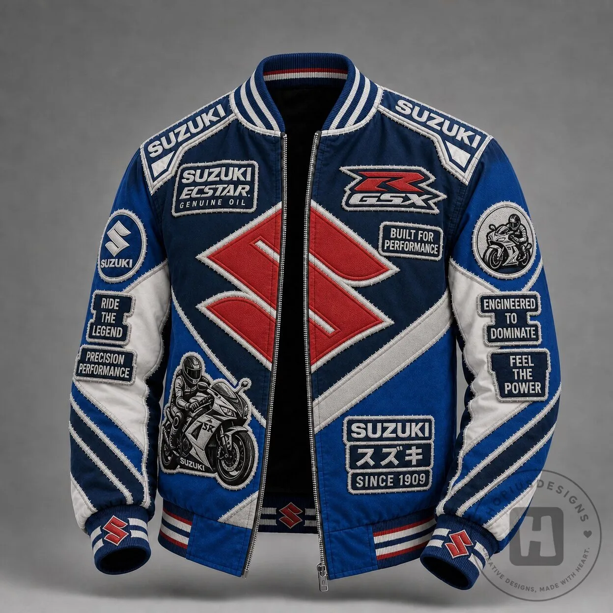 Suzuki GSX-R Motorcycle Racing Blue and White Bomber Jacket