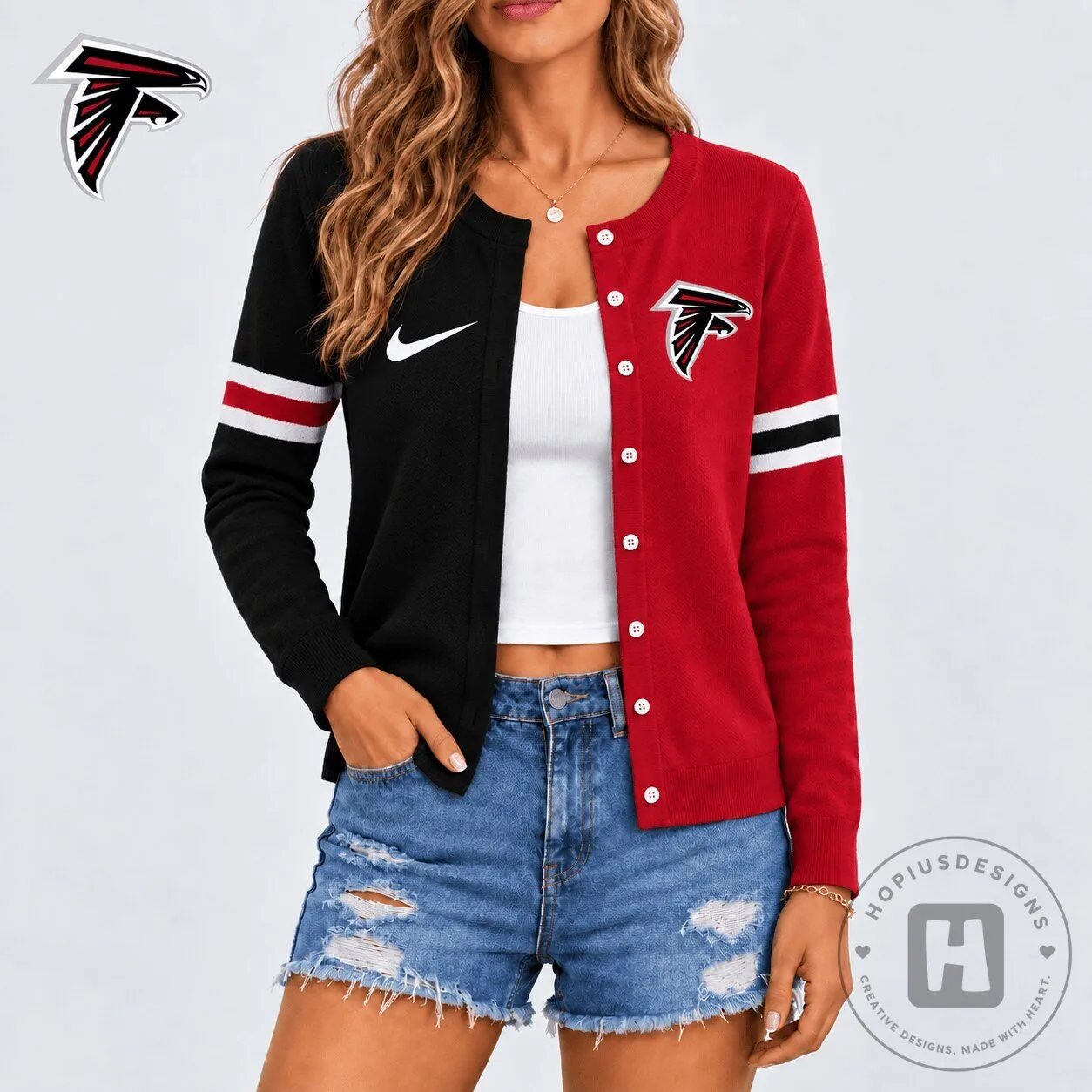 Atlanta Falcons NFL Team Spirit Red and Black Striped Cardigan Sweater 1 Atlanta Falcons NFL Team Spirit Red and Black Striped Cardigan Sweater
